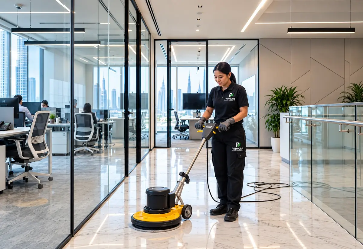Commercial cleaner operating industrial floor scrubber in corporate office